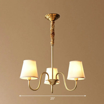 Minimalistic Brass Chandelier with Curvy Arm and Cone Fabric Shade for Living Room Pendant Lighting