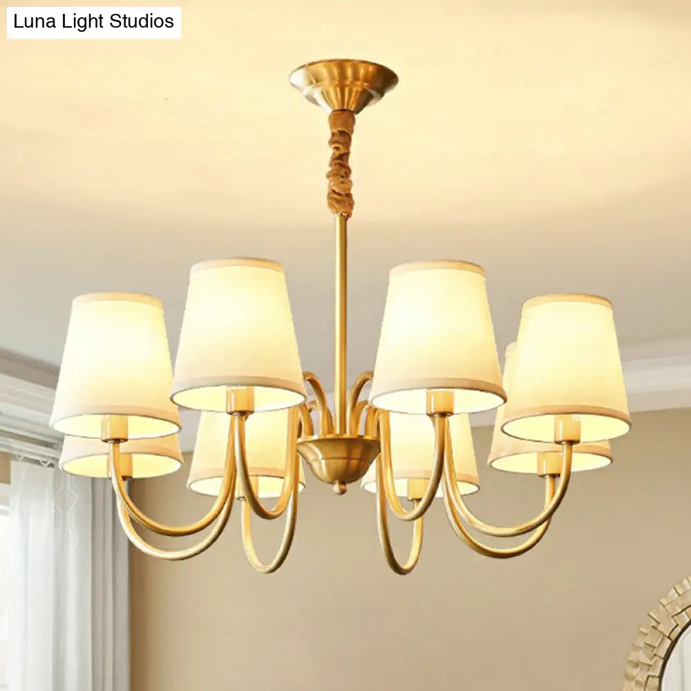 Minimalistic Brass Chandelier with Curvy Arm and Cone Fabric Shade for Living Room Pendant Lighting