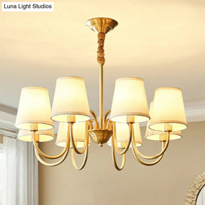 Minimalistic Brass Chandelier with Curvy Arm and Cone Fabric Shade for Living Room Pendant Lighting