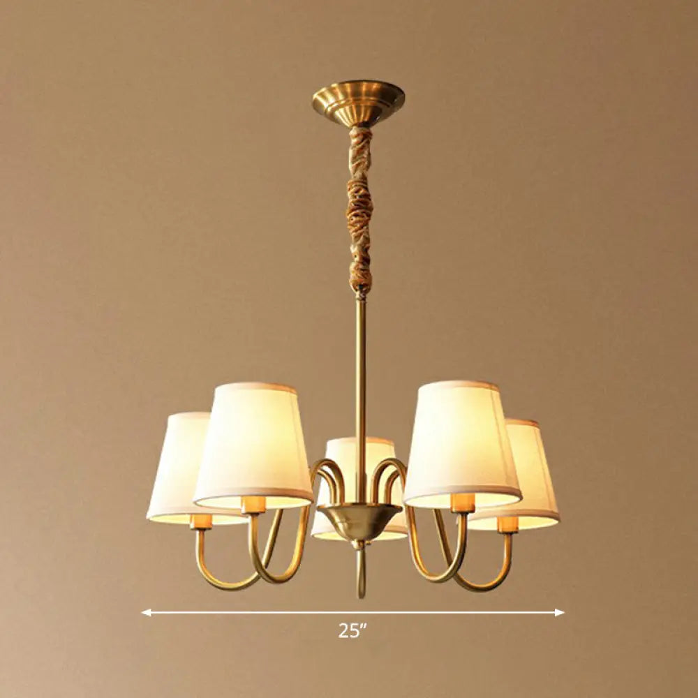 Minimalistic Brass Chandelier with Curvy Arm and Cone Fabric Shade for Living Room Pendant Lighting