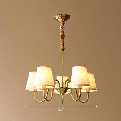 Minimalistic Brass Chandelier with Curvy Arm and Cone Fabric Shade for Living Room Pendant Lighting