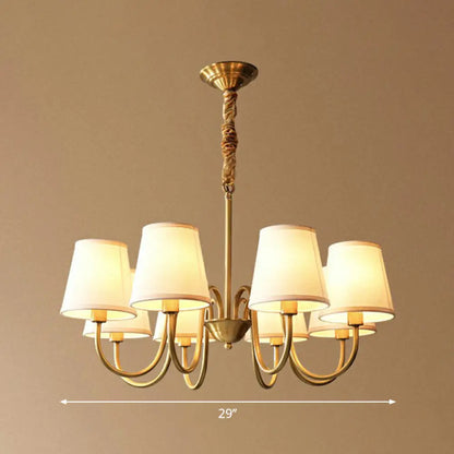 Minimalistic Brass Chandelier with Curvy Arm and Cone Fabric Shade for Living Room Pendant Lighting