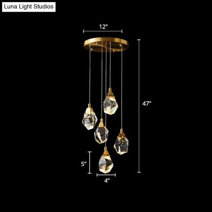 Minimalistic Brass LED Pendant Light with Crystal Gem Cluster Design for Staircases