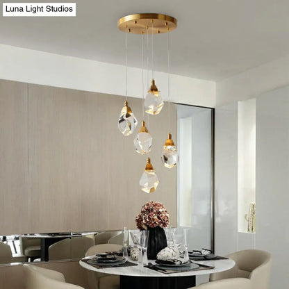 Minimalistic Brass LED Pendant Light with Crystal Gem Cluster Design for Staircases