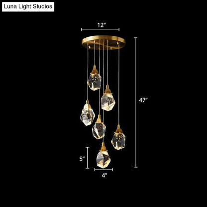 Minimalistic Brass LED Pendant Light with Crystal Gem Cluster Design for Staircases