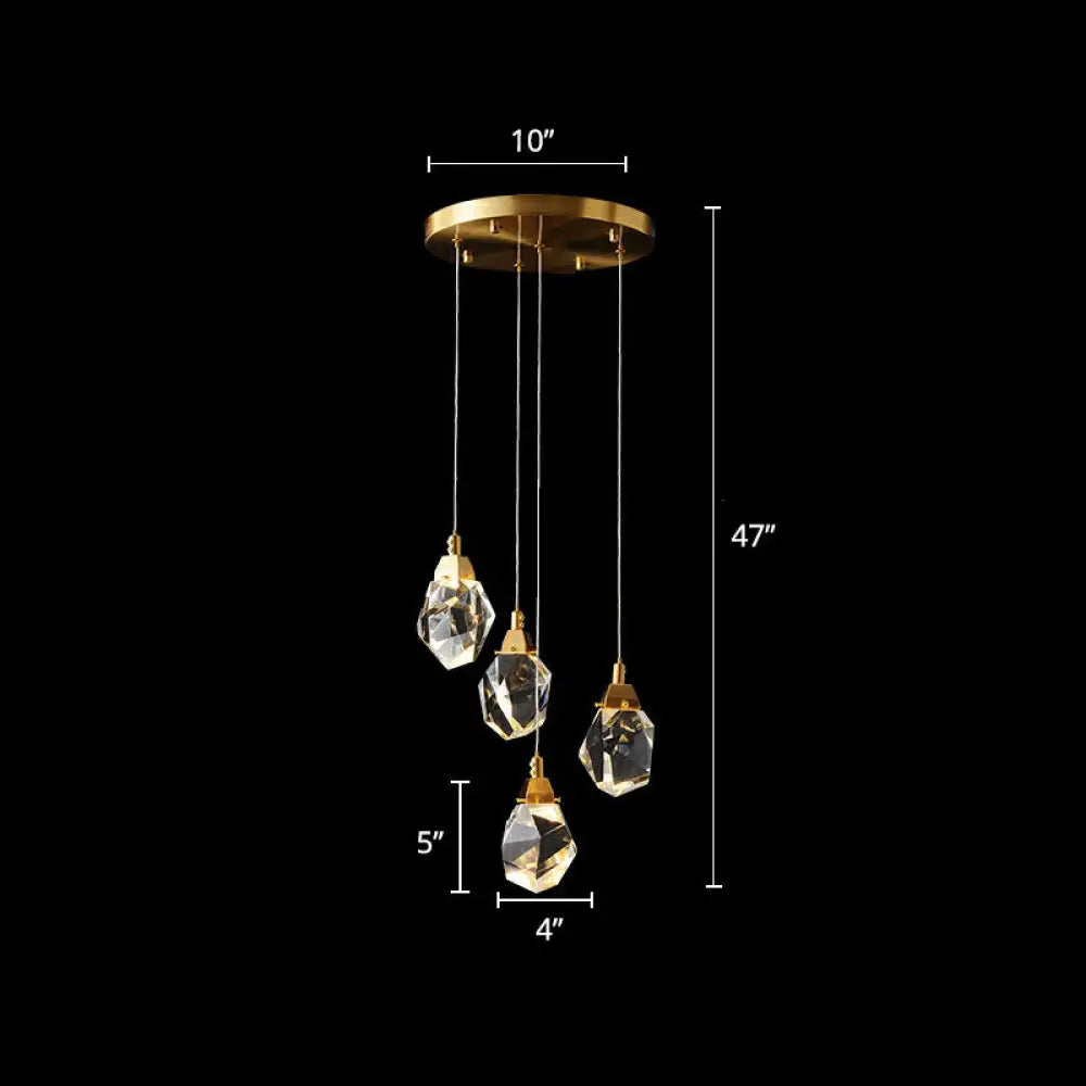 Minimalistic Brass LED Pendant Light with Crystal Gem Cluster Design for Staircases