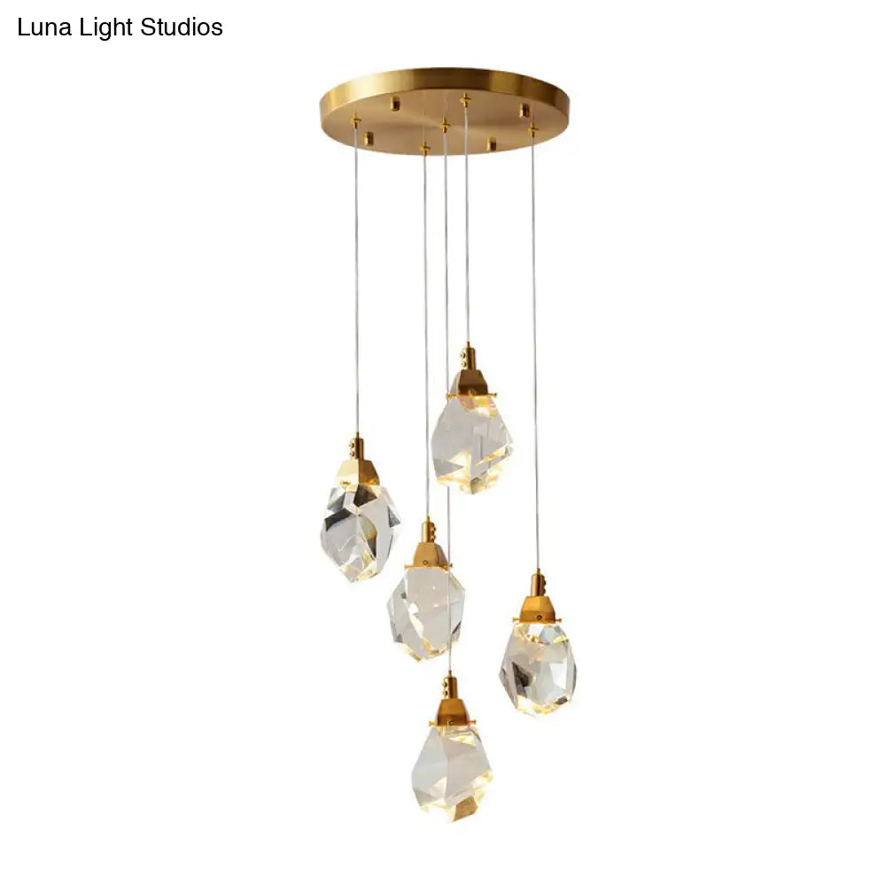 Minimalistic Brass LED Pendant Light with Crystal Gem Cluster Design for Staircases