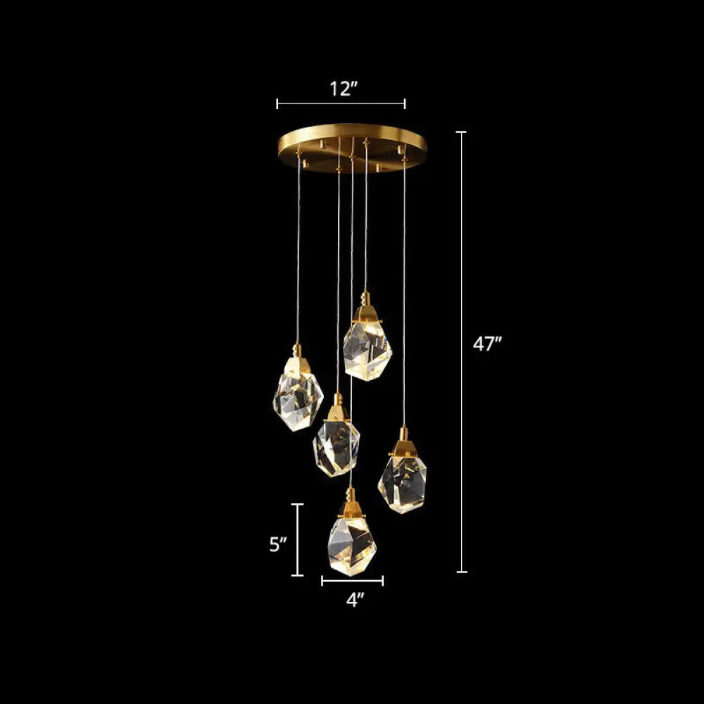 Minimalistic Brass LED Pendant Light with Crystal Gem Cluster Design for Staircases