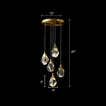 Minimalistic Brass LED Pendant Light with Crystal Gem Cluster Design for Staircases