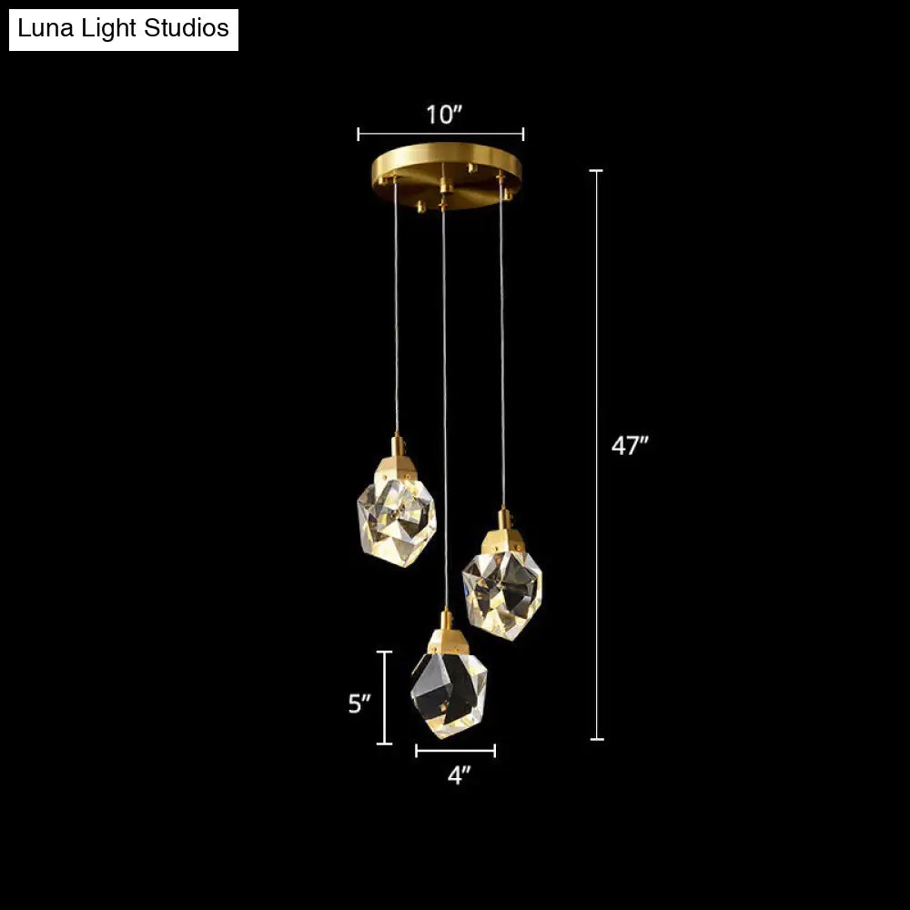 Minimalistic Brass LED Pendant Light with Crystal Gem Cluster Design for Staircases