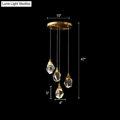 Minimalistic Brass LED Pendant Light with Crystal Gem Cluster Design for Staircases