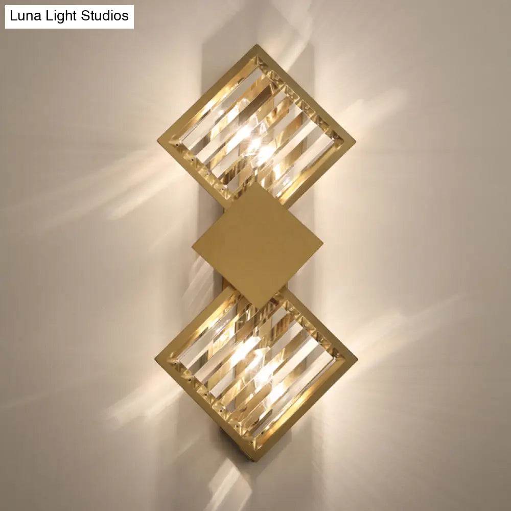 DecorBites™ DecorBites™ Minimalistic Brass Wall Light with Rhombus Design, 2 Bulbs and K9 Crystal Sconce Lamp for Living Room