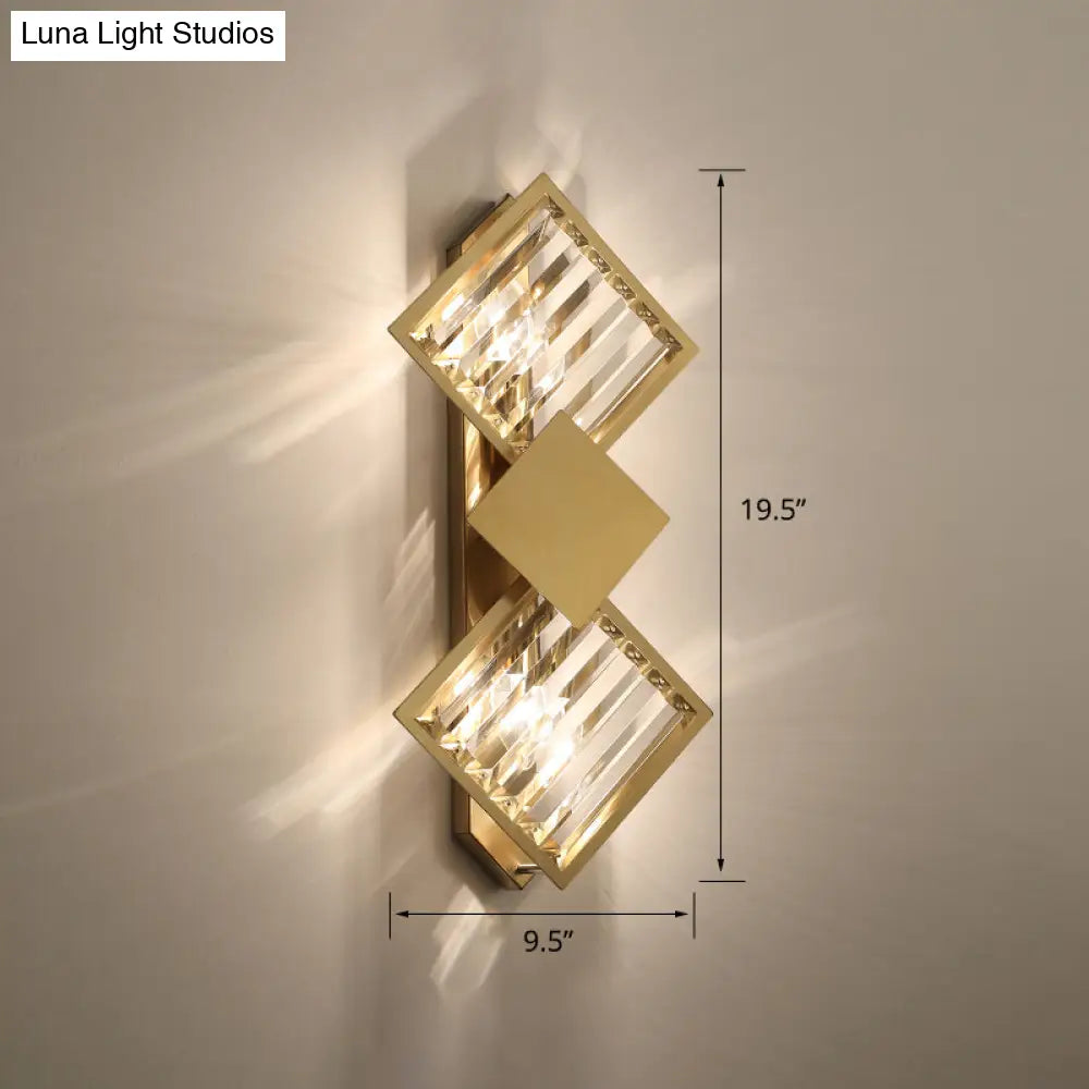 DecorBites™ DecorBites™ Minimalistic Brass Wall Light with Rhombus Design, 2 Bulbs and K9 Crystal Sconce Lamp for Living Room
