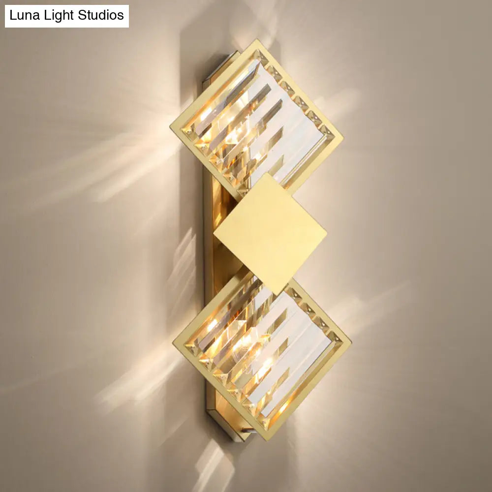 DecorBites™ DecorBites™ Minimalistic Brass Wall Light with Rhombus Design, 2 Bulbs and K9 Crystal Sconce Lamp for Living Room