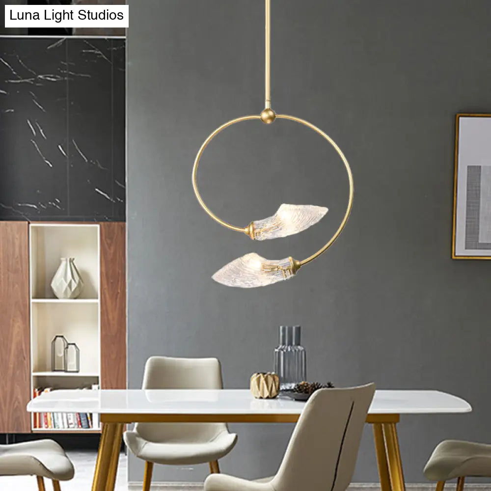 Lámpara colgante minimalista de cristal transparente con forma de flor en espiral - Acabado dorado, 2 bombillas