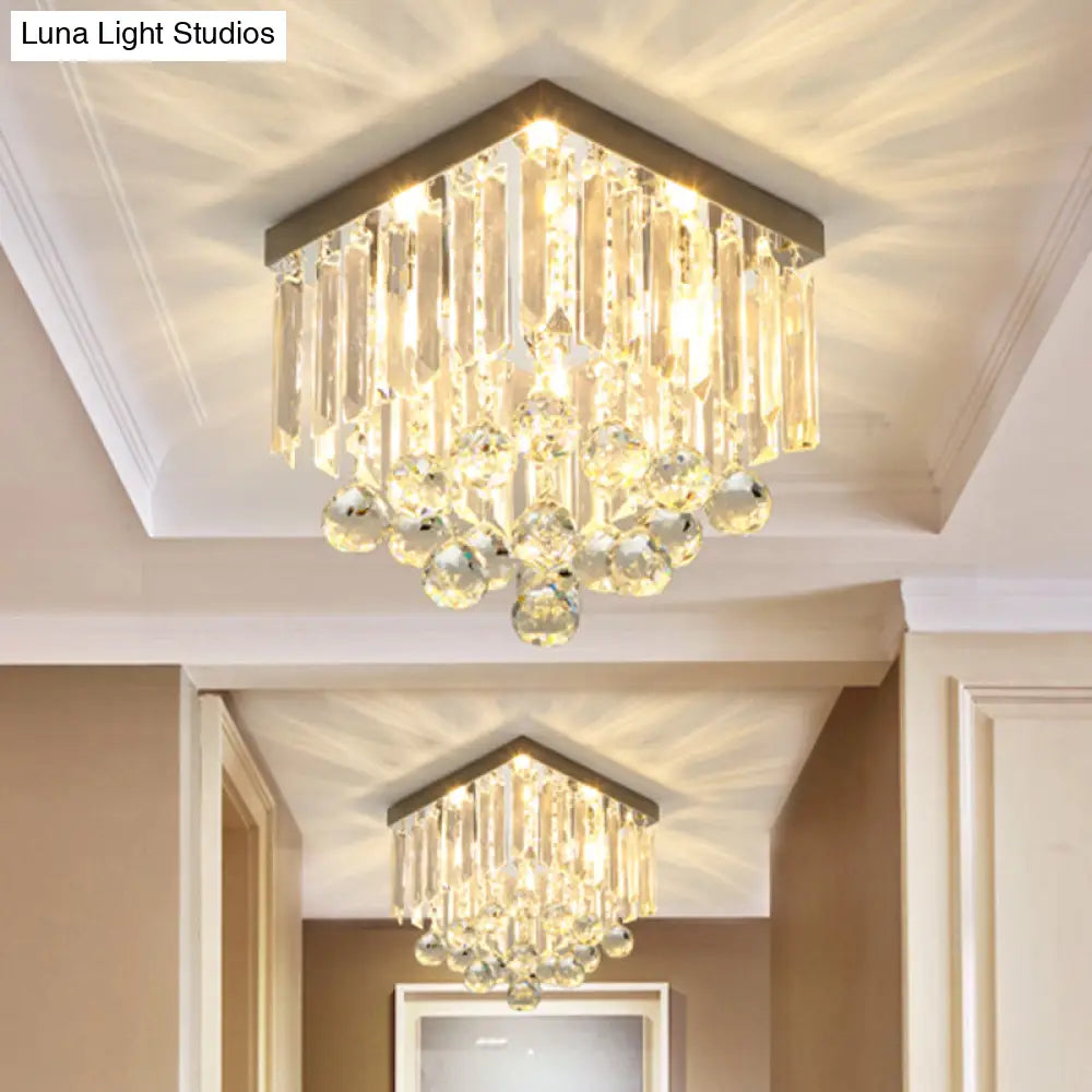 DecorBites™ DecorBites™ Minimalistic Cube Foyer Ceiling LED Flush Mount Light with Clear Crystal Accents