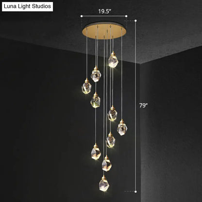 Minimalistic Multi Pendant Ceiling Light with Clear Faceted Crystal Gemstones - Perfect for Staircases