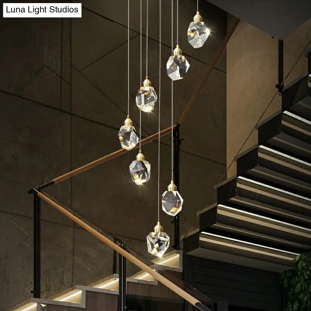 Minimalistic Multi Pendant Ceiling Light with Clear Faceted Crystal Gemstones - Perfect for Staircases