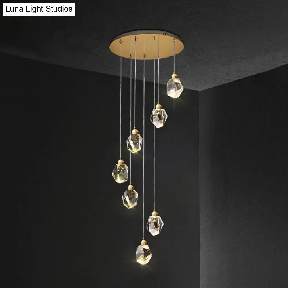 Minimalistic Multi Pendant Ceiling Light with Clear Faceted Crystal Gemstones - Perfect for Staircases