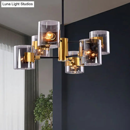 Minimalistic Smoke Grey Glass Cylinder Chandelier: Black-Brass Ceiling Pendant Light for Dining Room