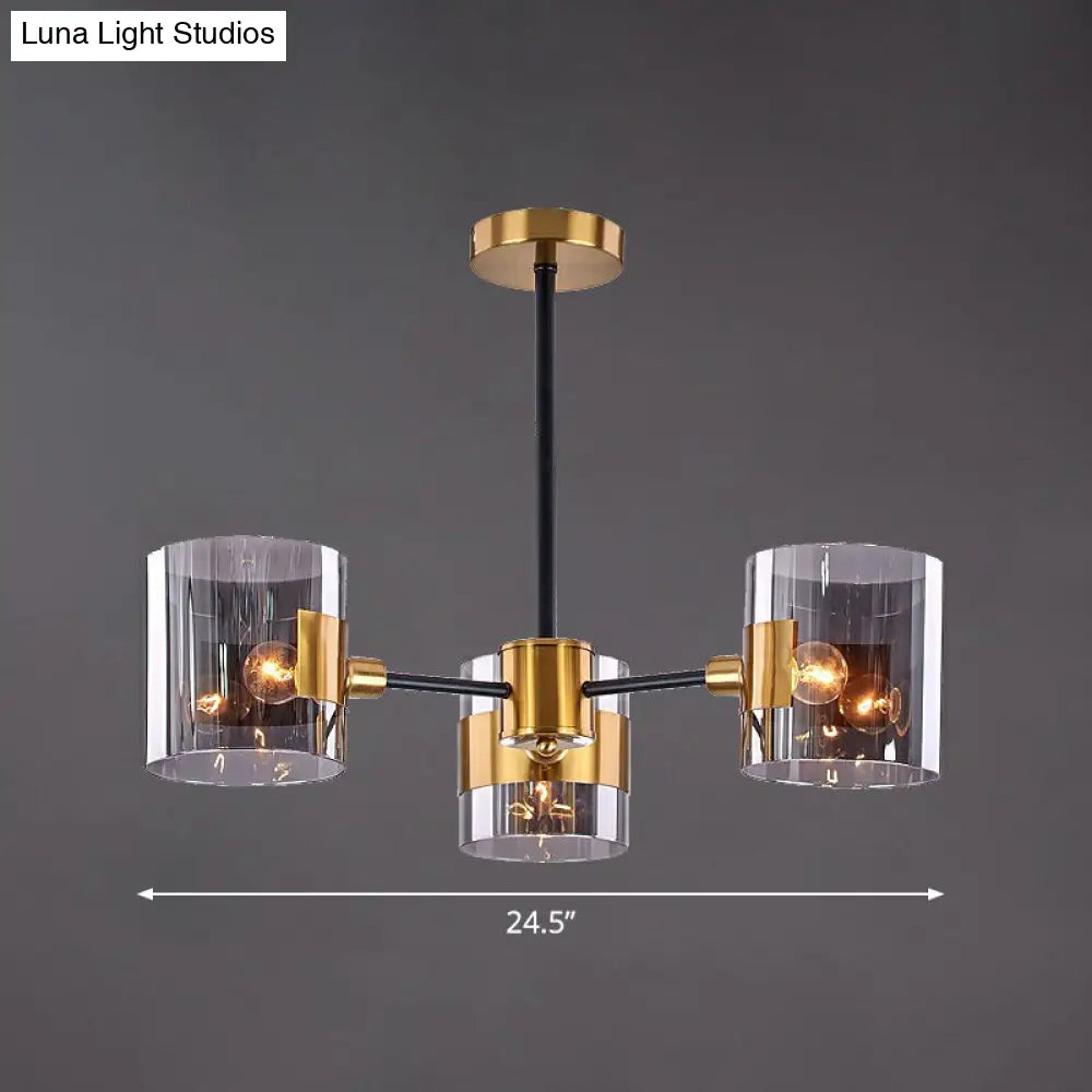 Minimalistic Smoke Grey Glass Cylinder Chandelier: Black-Brass Ceiling Pendant Light for Dining Room