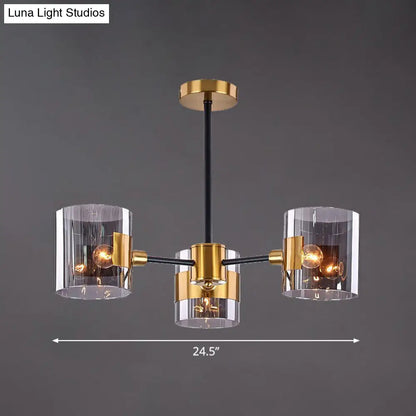 Minimalistic Smoke Grey Glass Cylinder Chandelier: Black-Brass Ceiling Pendant Light for Dining Room