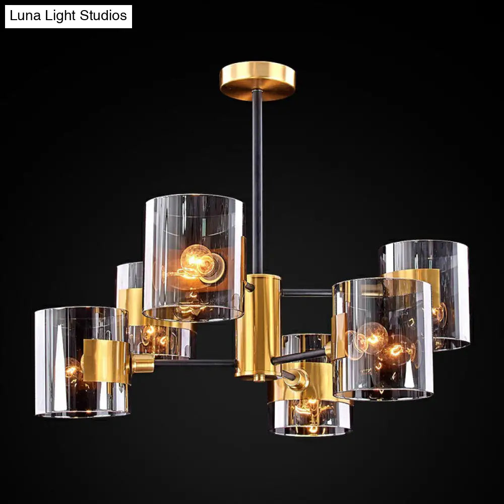 Minimalistic Smoke Grey Glass Cylinder Chandelier: Black-Brass Ceiling Pendant Light for Dining Room