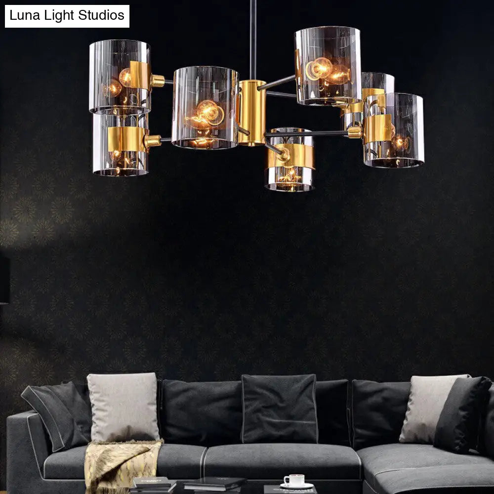 Minimalistic Smoke Grey Glass Cylinder Chandelier: Black-Brass Ceiling Pendant Light for Dining Room