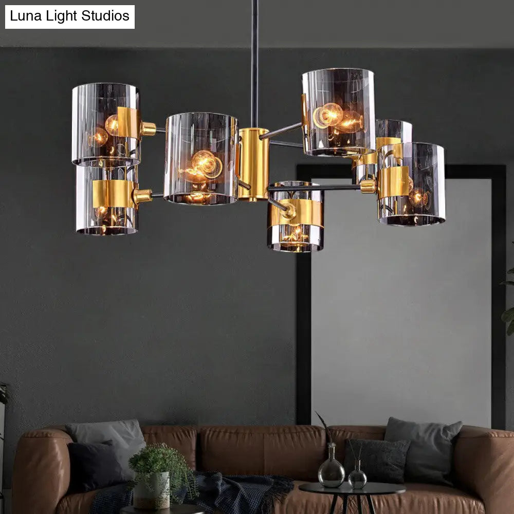 Minimalistic Smoke Grey Glass Cylinder Chandelier: Black-Brass Ceiling Pendant Light for Dining Room
