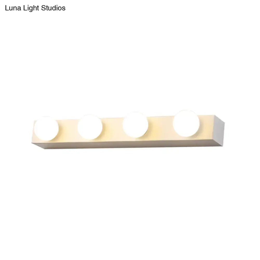 Minimalistic white 4 light vanity lighting fixture with open bulb design in frosted round bulbs for bathroom vanity lighting