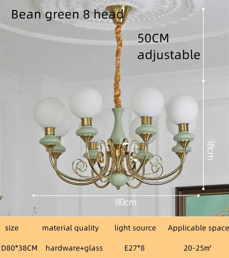 Bean green eight-light chandelier with gold-toned metal arms and glass globes in decorbites cream style led design