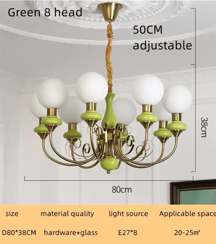 Vintage-style green and brass cream style led chandelier with eight white globes for dining room decorbites cream style