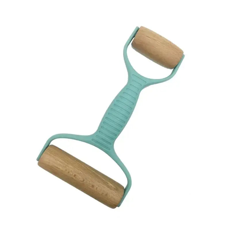Teal plastic-handled double-sided dough roller with natural wood rollers and grid knife for decorbites dough roller rolling