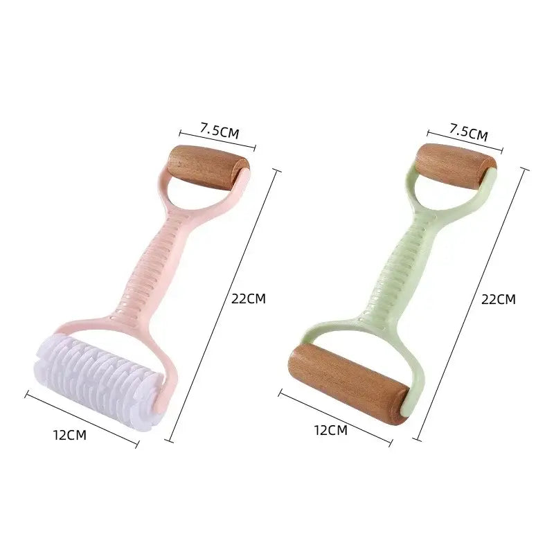 Pink and mint green plastic-handled decorbites dough roller with wooden heads and grid knife for dough roller rolling