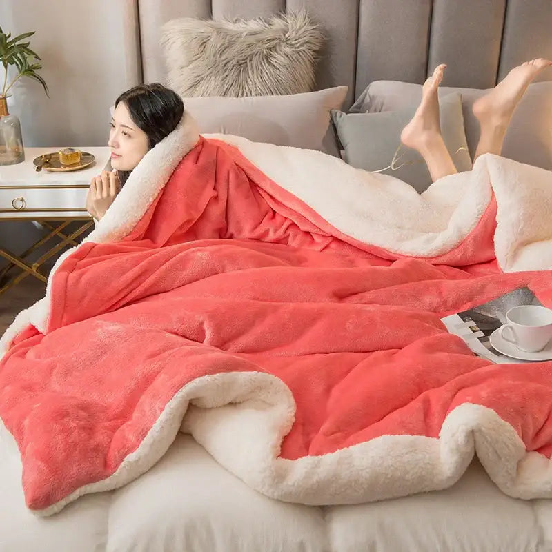 Coral-colored plush mint and cream flannel duvet cover with soft white fleece lining decorbites cozy dual texture