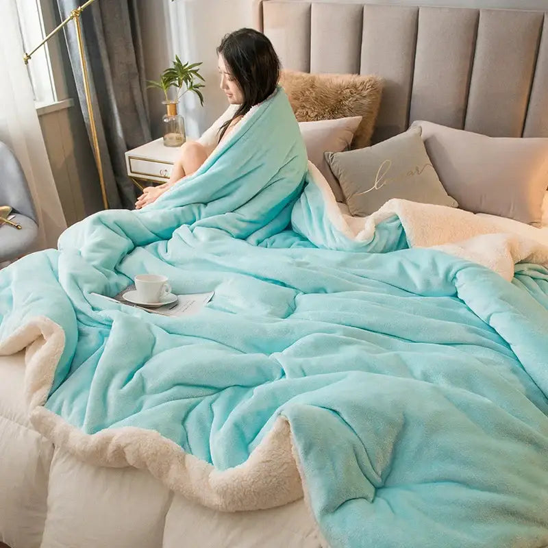 Cozy turquoise and cream sherpa blanket with plush soft texture in mint and cream flannel duvet cover decorbites cozy dual