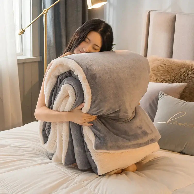 Cozy plush gray and cream two-sided fleece blanket for bedroom with flannel duvet cover by decorbites cozy dual