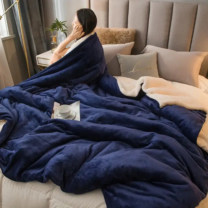 Deep navy blue plush blanket with soft white lining for mint and cream flannel duvet cover decorbites cozy dual use