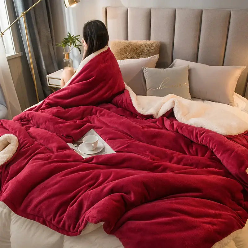 A plush deep red fleece blanket with soft white sherpa lining from the decorbites cozy dual flannel duvet cover set