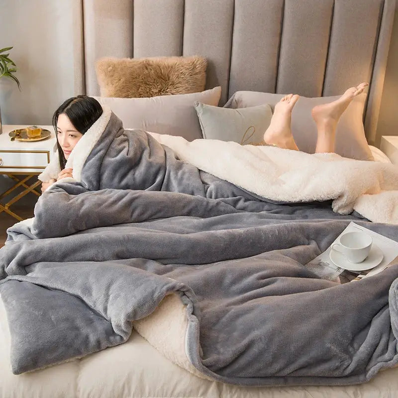 Soft gray plush mint and cream flannel duvet cover with white fleece interior draped over person in bed decorbites cozy dual