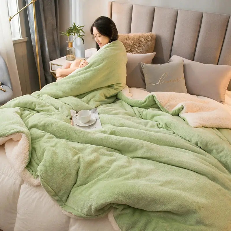 Soft mint green plush blanket with cozy white lining in a mint and cream flannel duvet cover for decorbites cozy dual use