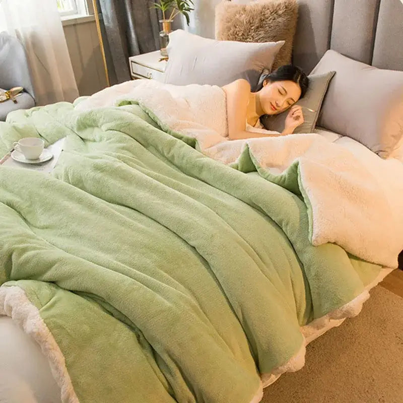 Soft mint green and cream fleece blanket with plush textured surface for decorbites cozy dual flannel duvet cover