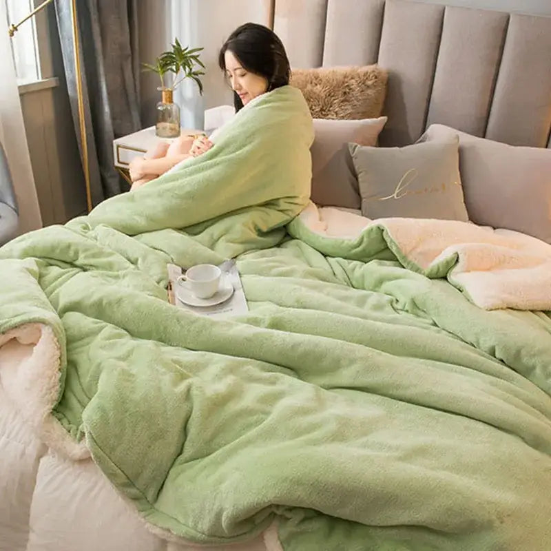 Soft mint green plush blanket with cream sherpa lining for decorbites cozy dual flannel duvet cover bedroom use