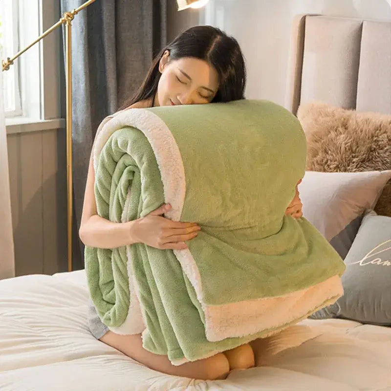 Mint and cream flannel duvet cover with soft plush green fleece blanket and contrasting white inner lining by decorbites cozy dual