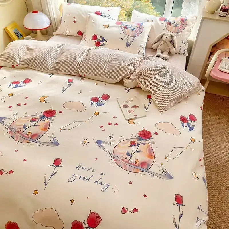 Cream-colored floral print cotton bedding set with red rose planets and have a good day script for bedroom duvet cover