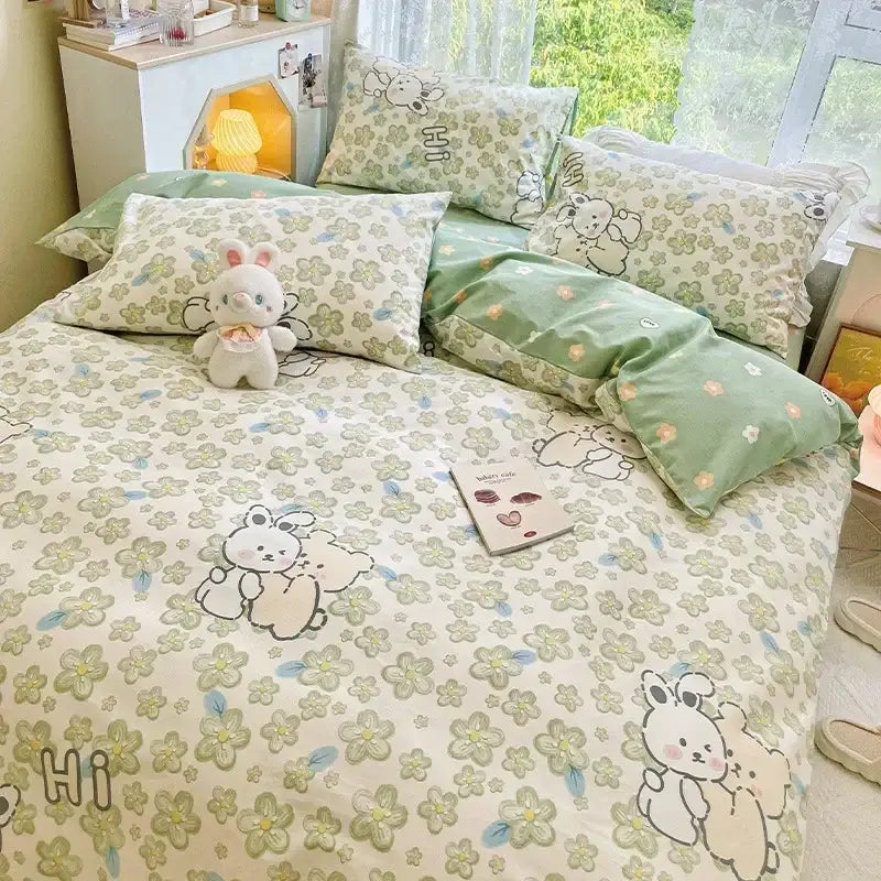 Pastel green and cream floral print cotton bedding set with cute cartoon rabbit designs for bedroom duvet cover