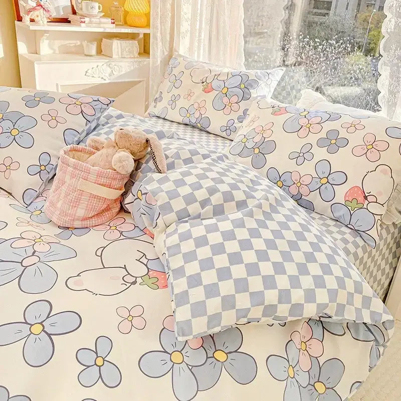 Mint and cream floral print cotton bedding set with pastel floral and checkered design made of soft cotton fabric