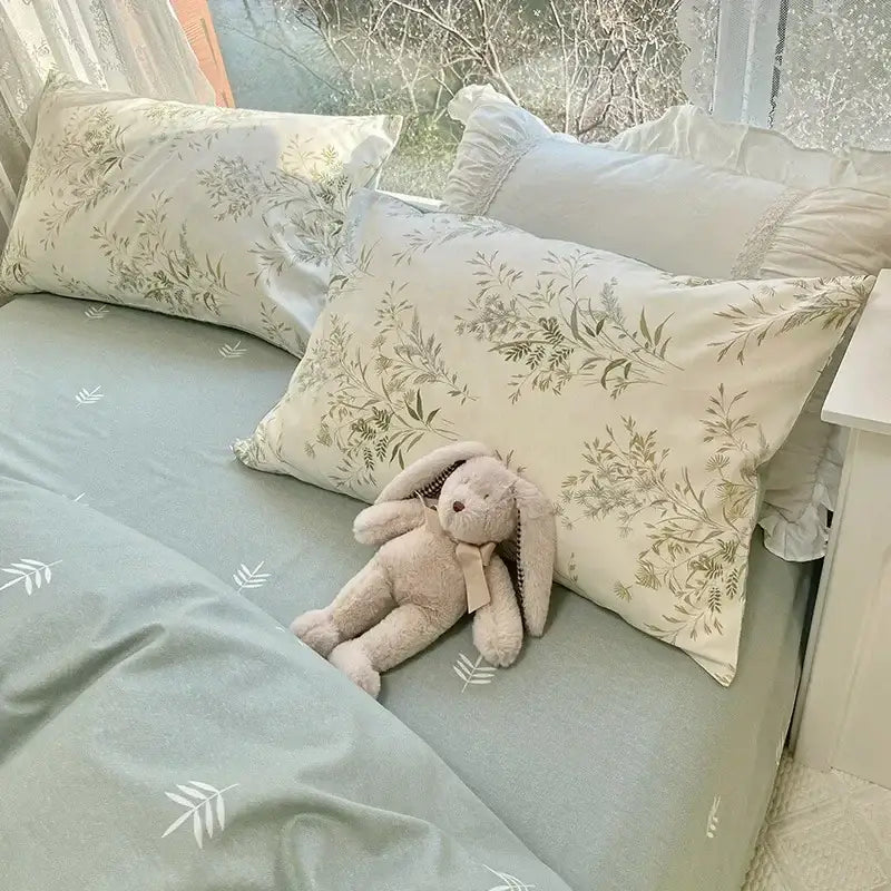 A soft beige plush bunny toy with a ribbon bow on a mint and cream floral print cotton bedding set bedroom duvet cover