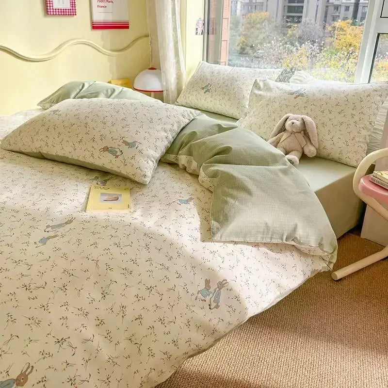 Soft mint green and cream floral print cotton bedding set with delicate rabbit illustrations for bedroom duvet cover