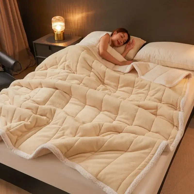 Cream-colored quilted coral fleece winter blanket with soft plush texture and white fleece trim by decorbites cozy